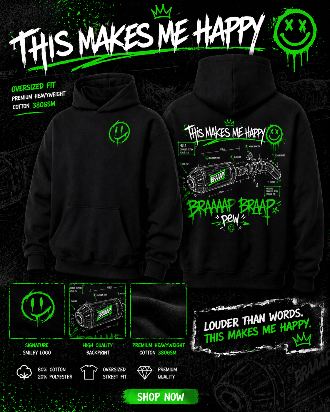 Braaaap Braap Oversized Hoodie Grün